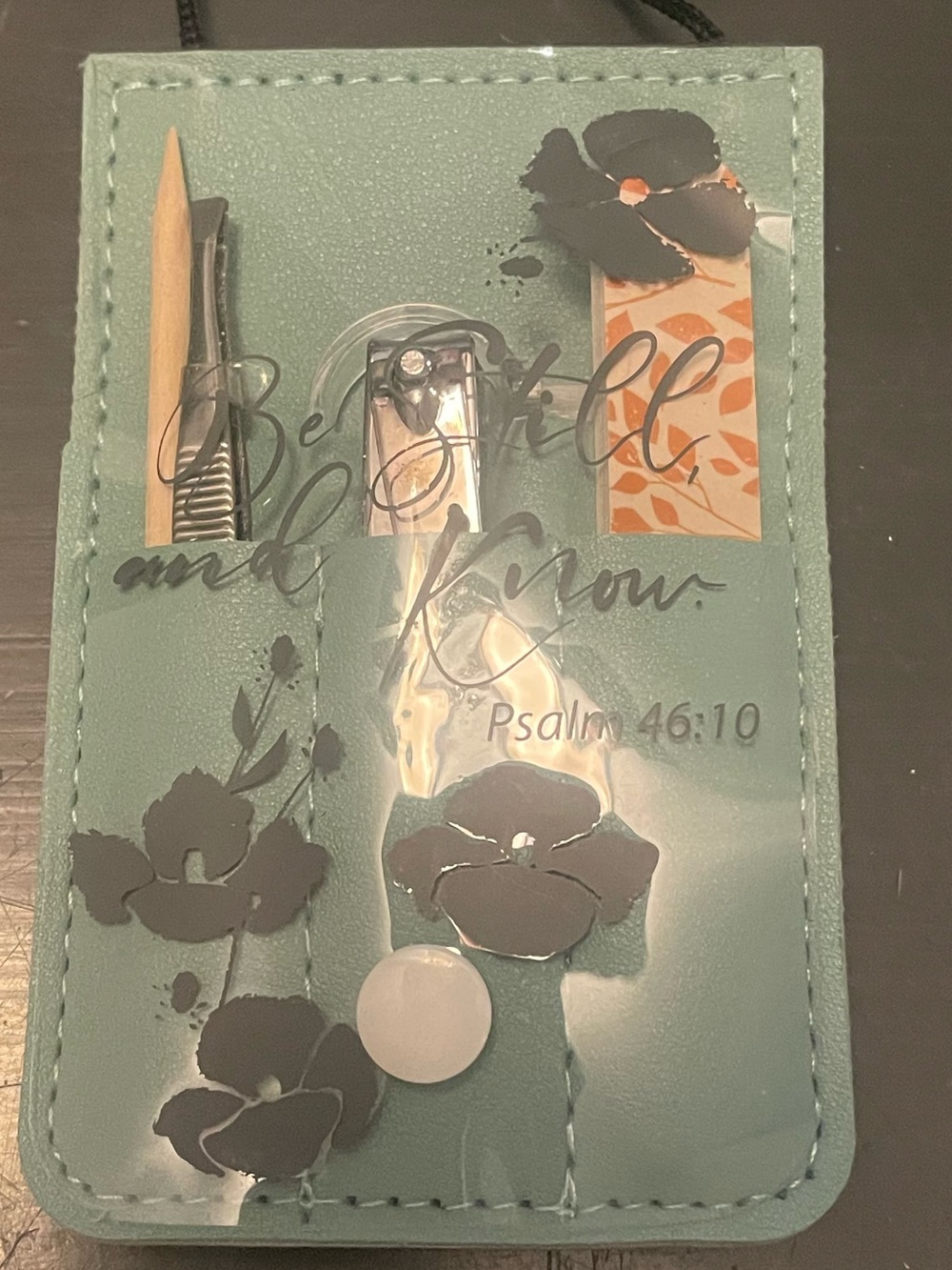 Manicure set Green Floral Be still and know scripture Psalm 46:10 Christian new